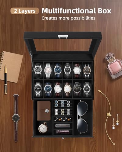 Image of Uten 12-Slot Watch Box, 2-Layers PU Leather Watch Case with Glass Lid, Watch Holder Organizer with Soft Pillow and Velvet Lining, Watch and Jewelry Storage Box, Black