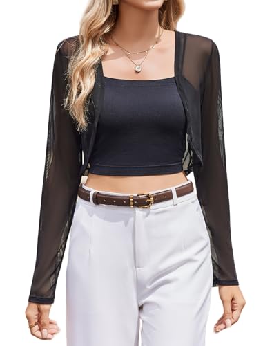 Women Sheer Shrugs Long Sleeve Cropped Cardigan Open Front Bolero Shrug for Evening Dressy Black L