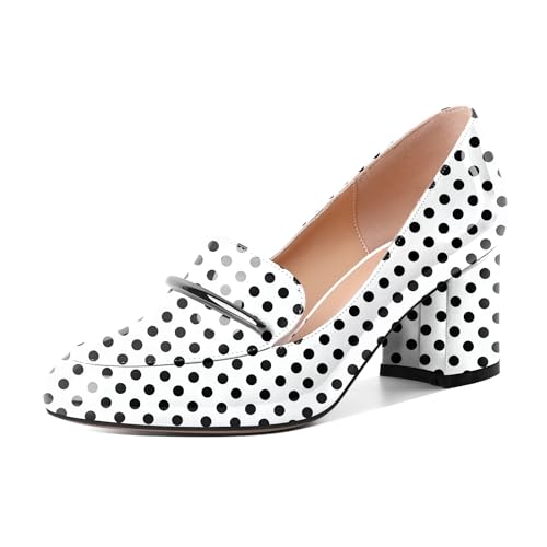 Eldof Block Heels for Women Round Toe Slip On Loafer Heel Chunky Pumps Women Dress Shoes 2.5 Inches Patent Polka Dot US Size 8.5
