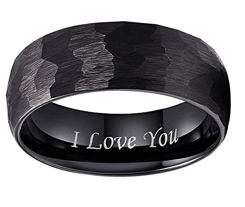 CROWNAL 6mm 8mm Black Hammered Tungsten Wedding Couple Bands Rings Men Women Matte Hammer Brushed Finish Engraved I Love You Size 5 To 172