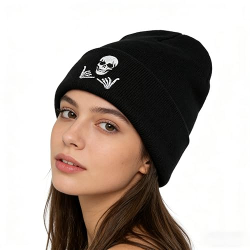Image of Embroidered Skeleton Beanie Hat Winter Stretch Knit Skull Cap for Men Women