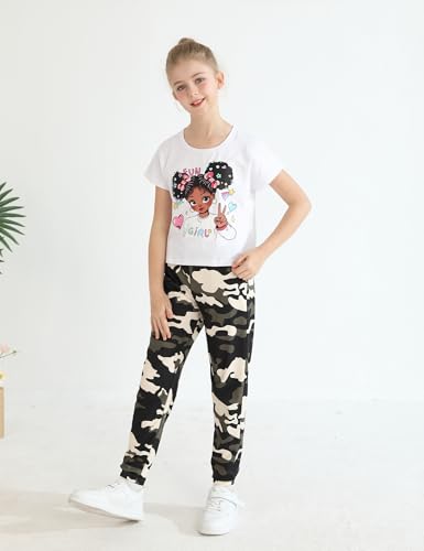 Image of mksodop Girls Outfit Set Graphic T Shirt and Camo Jogger Pants Cute Casual Clothes for Girls 5-16 Years