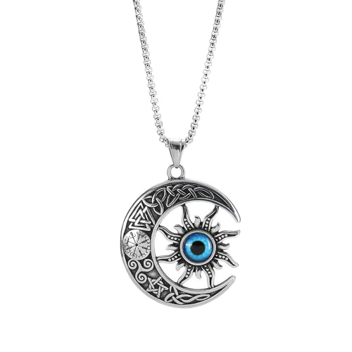 TURTLEDOVE Sun Moon Viking Necklace - Stainless Steel Evil Eye Crescent Moon Celtic Pendant - Lucky Amulet Moon Jewelry