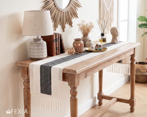 Image of FEXIA Boho Table Runner with Tassels for Home Decor 12x72 Inches Grey | 72 Inches Long Modern Farmhouse Rustic Burlap Table Decoration for Bedroom Living Dining Room Baby Shower Autumn Decor