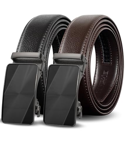 Image of Mens Ratchet Belts Leather-2 Packs,Adjustable Slide Belts For Gifts Men Dress and Casual 1 3 /8 inch,Cut for Perfect Fit