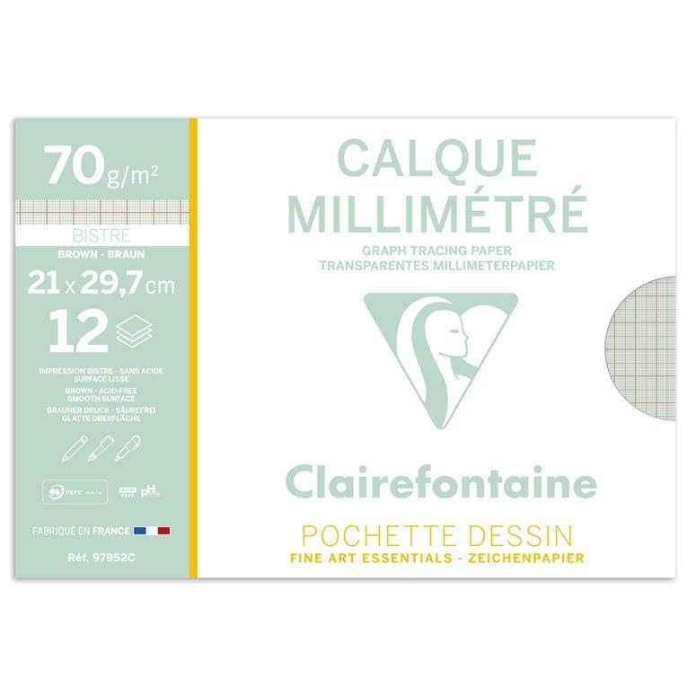 CLAIREFONTAINE Lot de 10 Pochettes de 12 calques millimétré A4, 70/75g