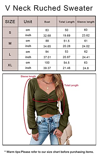 Prettygarden Women’s Chic V Neck Long Sleeve Knit Ruched Tops Ribbed Off Shoulder Tunic Pullover Sweater (Olive Green, Small, S) #TOP5