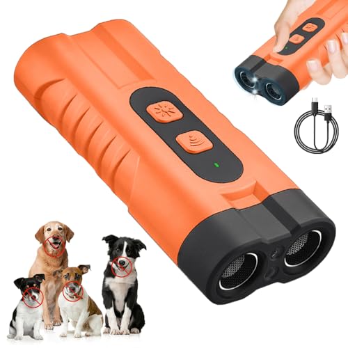 RIRIDAMAI Anti Bell Device Dogs, Ultrasonic Dog Repellent, Rechargeable Antibarking Ultrasonic Device with LED Torch for Small Large Dogs Indoor Outdoor Dog (Orange Double Head)