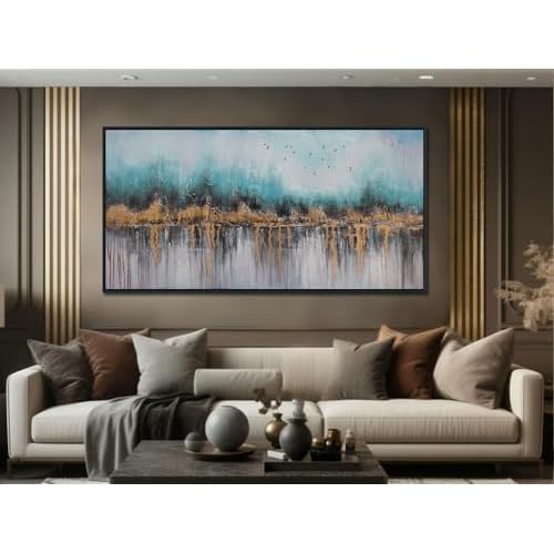 Ardemy Abstract Wall Art for Living Room Large Framed Teal Pictures Wall Decor Canvas Art Landscape Paintings Textured Artwork Wall Art for Men Bedroom Home Office, 40"x20" 40"L x 20"W Teal