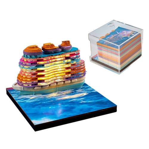 3Dメモパッド、3D船型アートパッド、切り離せる紙彫刻彫刻、クリエイティブなノンスティック付箋、LEDライトとペンホルダー付き、ホームオフィスのデスクトップデコレーション