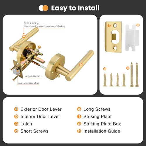 Image of Goldenwarm 10 Pack Gold Door Handles Interior, Brushed Gold Privacy Door Levers for Bedroom Bathroom, Heavy Duty Reversible Keyless Door Lever Left Right Handing