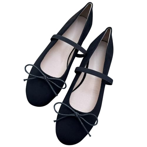 Image of TN TANGNEST Women's Mary Jane Flats Bow Ballet Shoes | Round Toe Flats with Buckle Strap Dressy Comfortable Faux Suede Flats