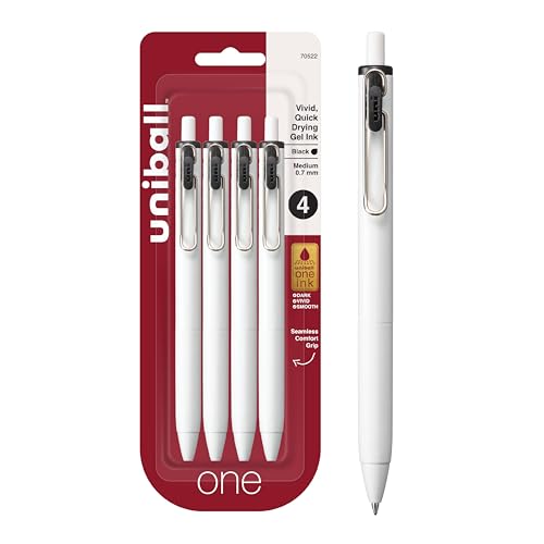 Uniball One - Bolígrafos de gel retráctiles negros, paquete de 4 con puntas medianas, los bolígrafos Uni-Ball Click son a prueba de fraude y los mejores bolígrafos de oficina, bolígrafos de