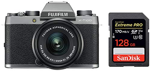 Image of Fujifilm X-T100 24.2MP Mirrorless Camera (Silver) with XC15-45mm Lens Kit + SanDisk 128GB Extreme Pro SDXC UHS-I Card - C10, U3, V30, 4K UHD, SD Card