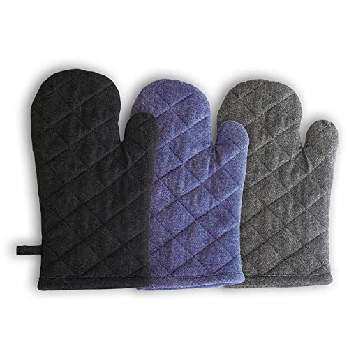 Image of 3 Oven Gloves, Cotton Heat Resistant Oven Mitts Kitchen Gloves for Cooking, Baking | Heat Proof, Durable, Free Size (Black, Blue and Grey)