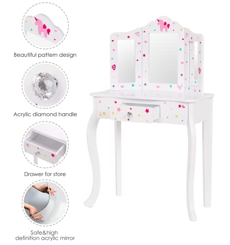 Utex Pretend Play Kids Vanity Table And Chair Vanity Set With Mirror Makeup Dressing Table With Drawer，Play Vanity Set,White #TOP3