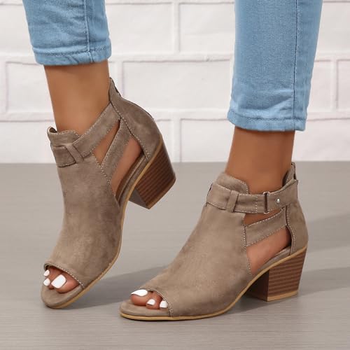 Womens Peep Toe Ankle Booties Chunky Heels Suede Side Cutout Back Zipper Sandals Ankle Strap Dressy Sandals3