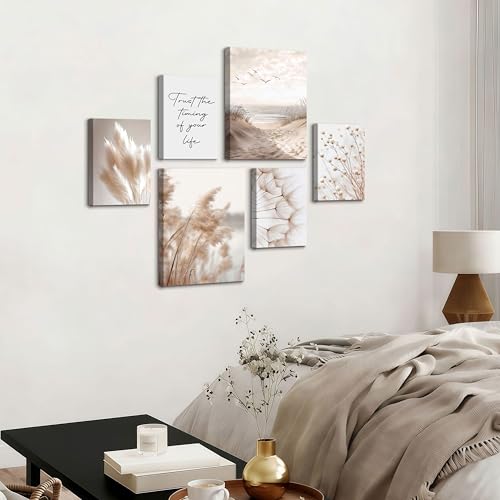 Tableau decoration murale roseaux beige 6 pièces pour salon - 6