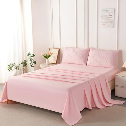 Image of PERFEMET Girls Bedding Set Full Size - 5 Pieces Pink Bow Comforter Set Full Bed in a Bag with Sheets, Soft All Season Embossed Bowknot Jacquard Bedding Comforter Set Cute Bedroom Decor