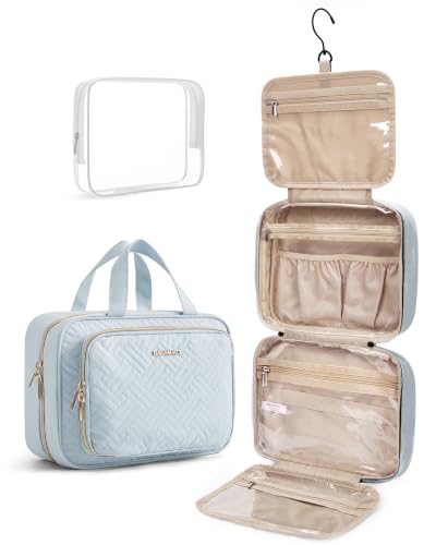 Image of BAGSMART Toiletry Bag Hanging Travel Makeup Organizer with TSA Approved Transparent Cosmetic Bag Makeup Bag for Full Sized Toiletries, Large-Light Blue