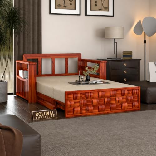 Image of Solid Sheesham Wood Sofa Cums Bed with Mattress & Storage | Rosewood Convertible Sofa Bed for Living Room & Bedroom (G-Honey, 2 Seater)