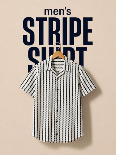 Image of Men's Striped Shirt, Short Sleeve, Slim Fit, Cotton Blend, Button Down Collar, Casual Wear