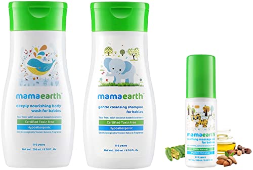 Image of Mamaearth Gentle Cleansing Shampoo, Deeply Nourishing Wash & Soothing Massage Oil Combo for Babies (0-5 Yrs) - 200 ml, 200 ml, 100 ml