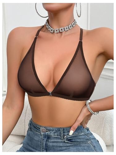 Image of SOLY HUX Women's Sheer Mesh Through Bra Sheer Bralette Front Closure Deep V Neck Wireless Lingerie Sexy Lingerie Bra