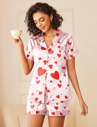 Image of Ekouaer Silk Pajamas for Women Button Down Sleepwear 2 Piece Pjs Shorts Set | Classic Short Sleeve Notch Neck Lounge Set with Pockets,Soft Cute Pj Set,Bridal Gifts,Pajama Party,Maternity Outfits