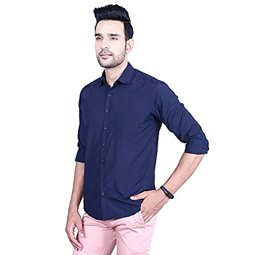 Image of Men's Cotton Solid Slim Fit Casual Spread Collar Shirt