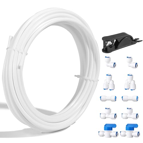 Professional 1/4" OD Tubing Water Line Kit for Refrigerator Ice Makers, 32.8 ft Ice Maker Water Line Kit for RO Water Systems with Fittings(White)