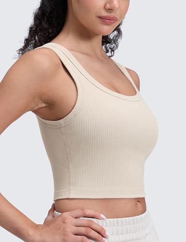 Image of CRZ YOGA Ribbed U Neck Crop Tank Tops | Medium Support, Removable Pads, Casual, Wide Straps, Longline Sports Bras for Women