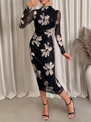 Image of Women's Summer Mesh Sheer Long Sleeve Midi Ruched Bodycon Dress Mock Neck Elegant Evening Party Cocktail Dresses