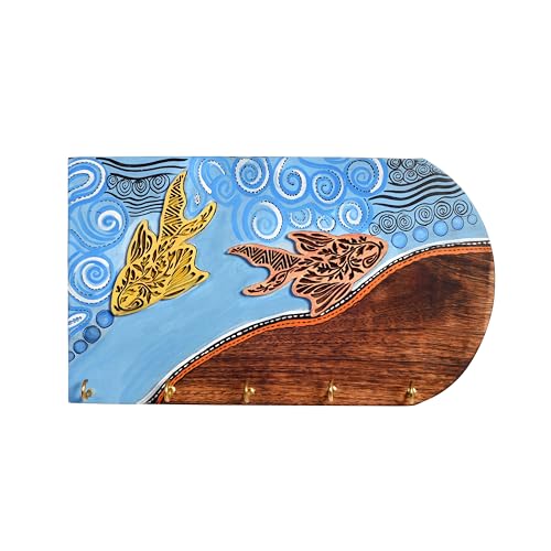 Image of AAKRITI ART CREATIONS Key Holder, Delphy Key Hanger with Fish Motif and Beautiful Artwork | Rustic Wooden Wall Organizer with 5 Hooks | Storage Shelf for Keys, Hats | Multifunctional Entryway Decor