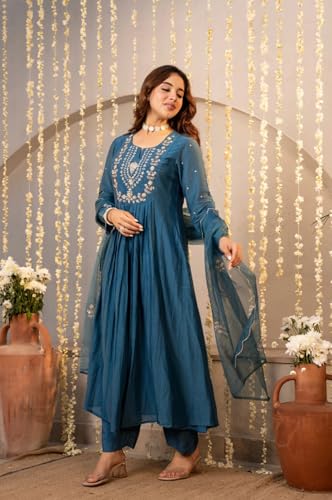 Image of Women Chanderi Silk Embroidered Kurta Pant Dupatta Set | Ethnic Wear | 2.25m Dupatta | S-XXL | Green & Teal Blue