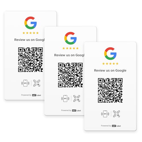 HotLabel – Google Review Card 3-Pack – White – NFC Tap & QR Code – Includes 3 Independent Links (Supports 3 Different Stores or Same) – All Phones Compatible – No App/Subscription