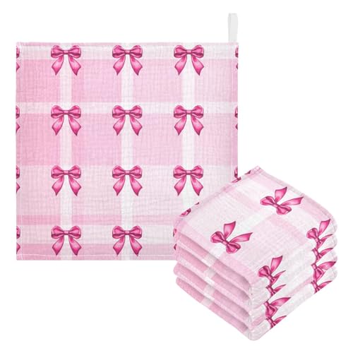 Nander 5Pack Baby Muslin Washcloths,Cute Pink Bows Soft Face Cloths for Newborn, Absorbent Bath Wash Cloths, Wipes, Burp Rag,Toddlers Essentials Stuff, Baby Registry as Shower