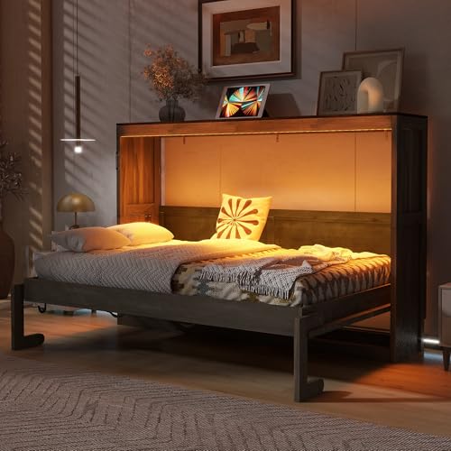 Merax Twin Size Murphy Bed with LED Light, can be Folded into a Cabinet, Hidden Wall Cabinet Murphy Bed for Bedroom Living Room Guest Room,Brown