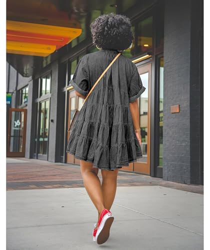 Image of Womens Denim Babydoll Dresses Summer Outfits Button Down Ruffle Tiered Jean Dress