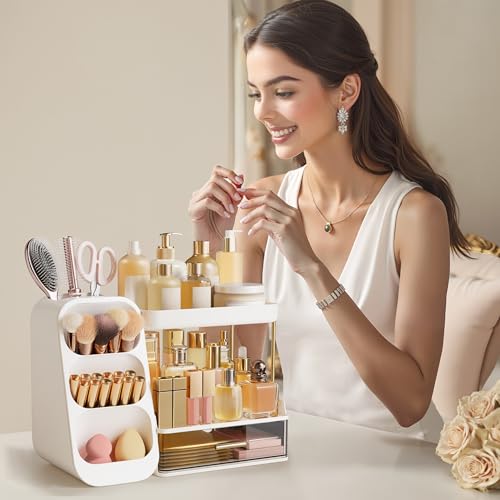 Image of HBlife Bathroom Organizers and Storage with Brush Holder for Vanity, 3 Tier Plastic Makeup Organizer for Dresser Counter, Skincare, Lipstick, Perfume, and Cosmetic Storage