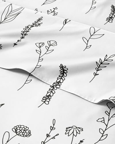Floral Sheets - Black & White Floral Bed Sheet Set - 1 Flat, 1 Fitted & 2 Pillowcases w/ Deep Pockets - Wrinkle & Fade Free - Boho Botanical Bedding - Ultra-Soft, Breathable & Cooling - King Size Set