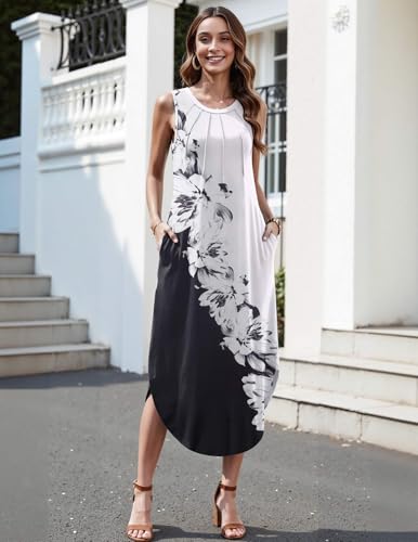 Image of Zeagoo Women Floral Summer Casual Beach Printed Tank Dress with Pockets Pleated Front Long Dress