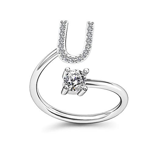 Image of HUJUON Silver Initial Letter Ring for Women. Adjustable Crystal Alphabet Ring,Name Initials Stackable Knuckle Rings A-Z CZ Open Ring