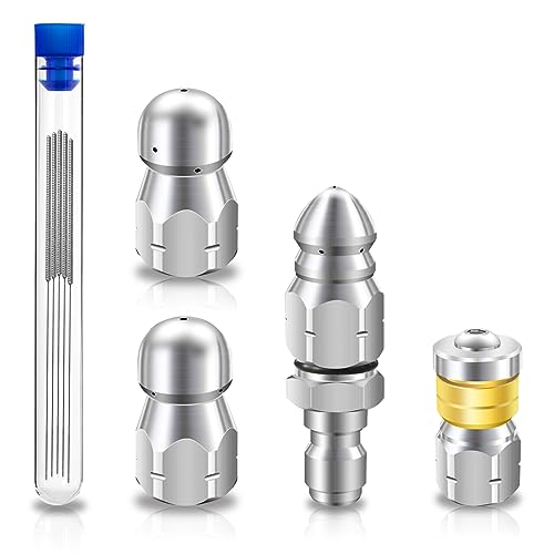 6-Piece Stainless Steel Sewer Jetter Nozzle Kit | Rotating Button Nose Jet with 1/4" Heavy-Duty Quick Connect | Drain Cl...