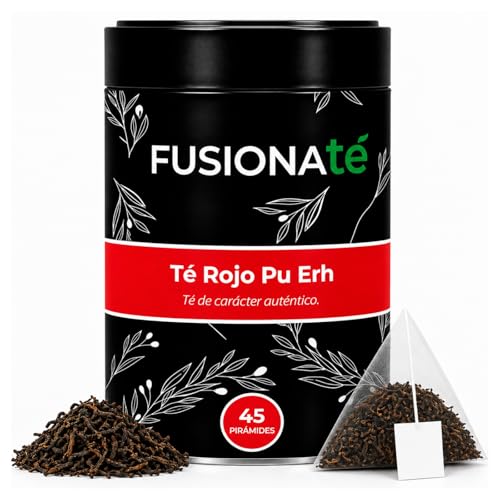FUSIONATE Te Rojo Pu Erh, Lata de 45 Pirámides bolsitas de té, Sabor Terroso, Cultivado en Yunnan China, Infusión Digestiva y Energizante