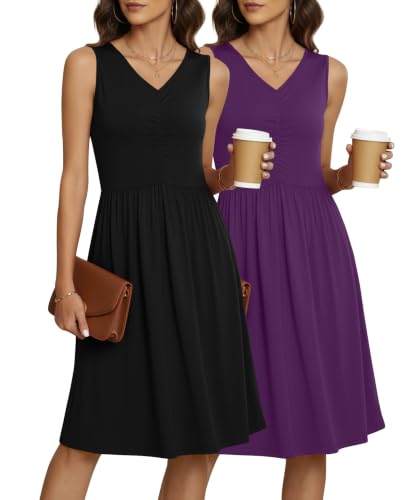Image of NILOUFO Sleeveless Dress for Women Summer Knee Length Sundress with Pockets | Sundresses for Women Tank Empire Waist Sun Dress Cold Shoulder Casual V Neck Midi Dress Flowy Summer Dresses for Women