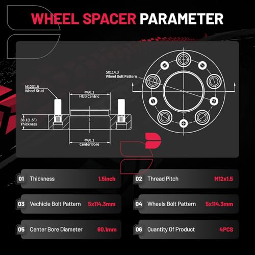 Image of BDFHYK 5x114.3mm Wheel Spacers 1.5 inch 5x4.5 Hubcentric Wheel Spacer Compatible with Lexus ES250 ES300,tC xB,Avalon Camry, Forged 5 Lug Wheel Adapters M12x1.5 & 60.1mm Hub Bore, Set of 4