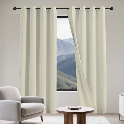 カーテン 遮光カーテン 遮音 180 x 115 cm ハトメ型突っ張り棒防音無地おしゃれ洗える部屋寝室幼児園喫茶店, ベージュ