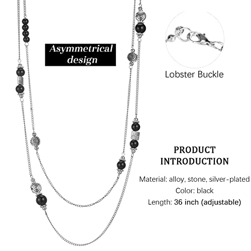 Bulinlin Layered Silver Long Necklace For Women Turquoise Stone Beaded Strand Sweater Chain Necklaces Fashion Costume Jewelry Gifts For Mom(Black) #TOP4