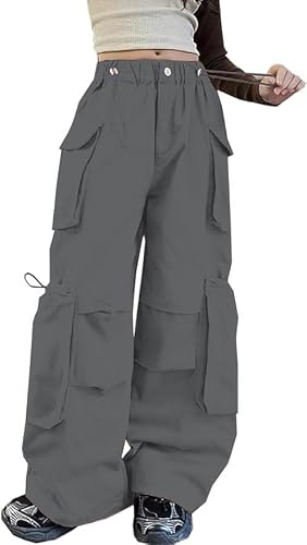 SANGTREE Girls' Vintage Multi-Pocket Cargo Pants Solid Color Streetwear, Dark Gray, 11-12 Years = Tag 160